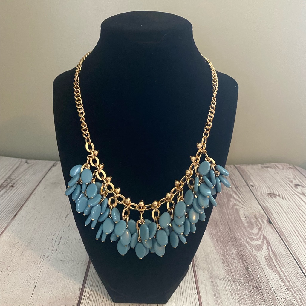 Vintage-Look Avon Shb Blue Beaded Bib Statement Necklace - Gold Tone